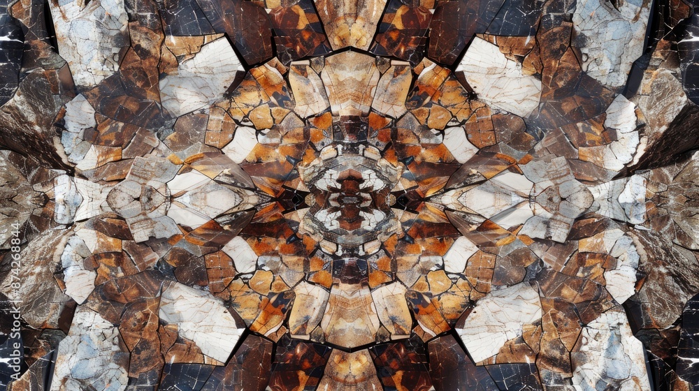 Poster natural stone texture creating a mesmerizing kaleidoscope pattern with brown and white mineral slice