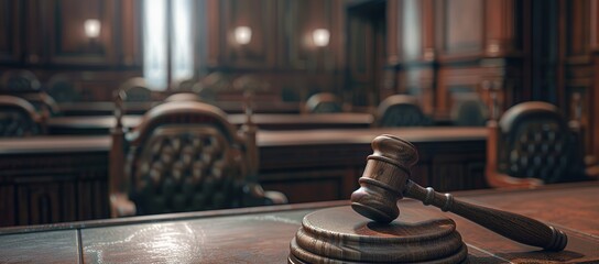 A court gavel lies on a brown table in a courtroom