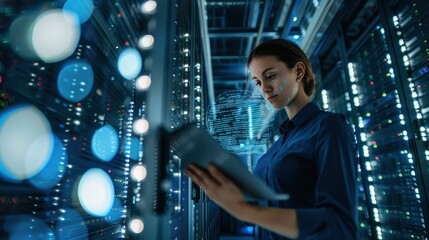 Woman works in a server room.