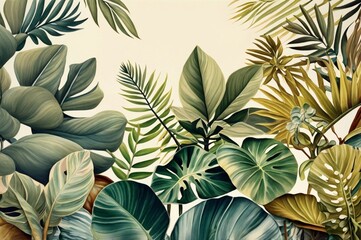 The picture is surrounded by tropical  color full watercolor plants