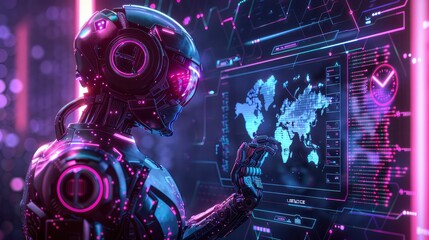 Futuristic robot with a digital map of the world.