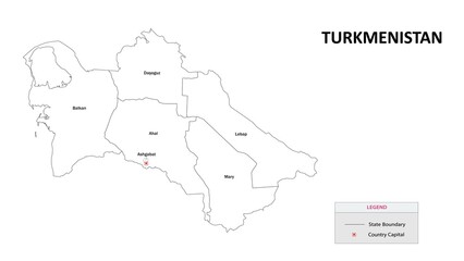 Turkmenistan Map. State and State map of Turkmenistan. Administrative map of Turkmenistan with States and boundaries in white color.