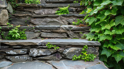 Stone Staircase with Vibrant Green Plants