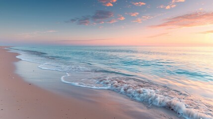 A pristine beach with fine sand and clear blue waters, the sunrise casting a gentle pink hue across the sky.
