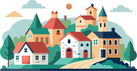 Naklejka premium A colorful cityscape with houses and trees