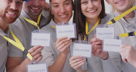 Group of smiling people are holding up their badges, which are all labeled Volunteer. Multiracial men and women smiling showing their badges to camera during volunteer event. 4k footage.