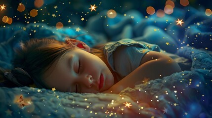 Sleeping Child Dreaming Under a Starry Sky with Glowing Visions
