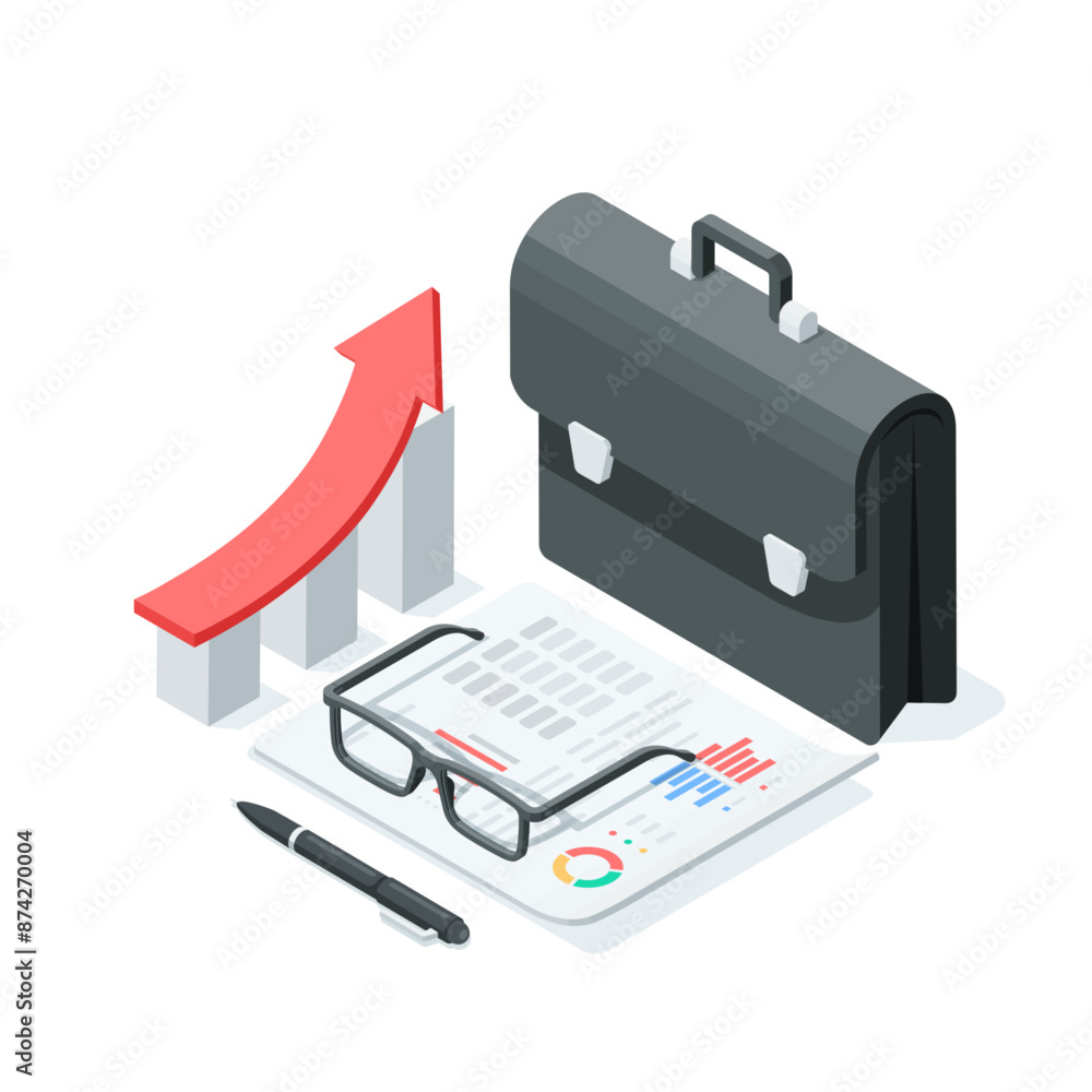 Poster isometric vector portfolio and chart with statistics printed on a sheet of paper and glasses, in col