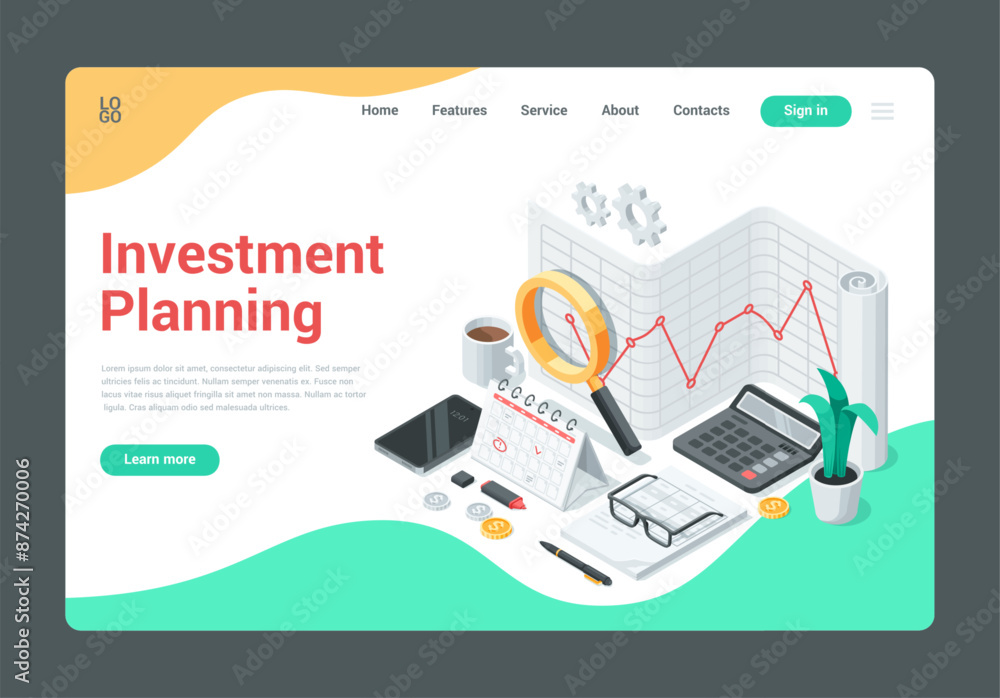 Poster isometric vector landing of line chart sheet and magnifying glass with calculator, in color on gray 