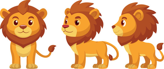 Three cartoon lion characters are shown in different poses