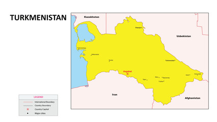 Turkmenistan Map. Major cities in Turkmenistan. Political map of Turkmenistan with border and neighbouring countries.