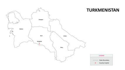 Turkmenistan Map. State and State map of Turkmenistan. Administrative map of Turkmenistan with States and boundaries in white color.
