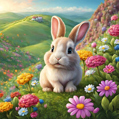 Fluffy Rabbit in Flower Garden