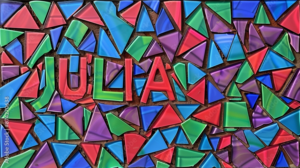 Poster glass mosaic letters spelling julia, representing the julia programming language concept, with vibra