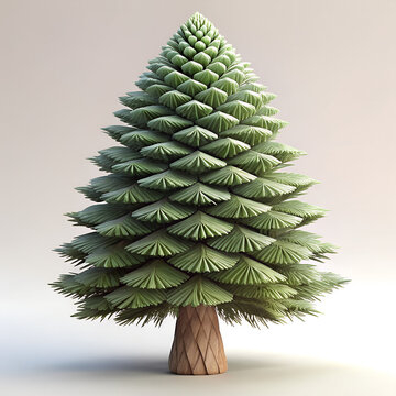 An illustration of a 3D-rendered Christmas tree with a triangular shape comprised of smaller green triangles and a brown trunk. The tree has a unique, somewhat deformed structure that resembles a parr
