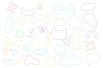 Colored elements, letters, simple doodle figures, wax crayon drawings, school children drawings on white background.