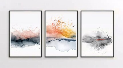 Three contemporary abstract art posters with watercolor designs, arranged horizontally on a white wall. The designs feature energetic splashes and soft watercolor transitions in a range of colors,