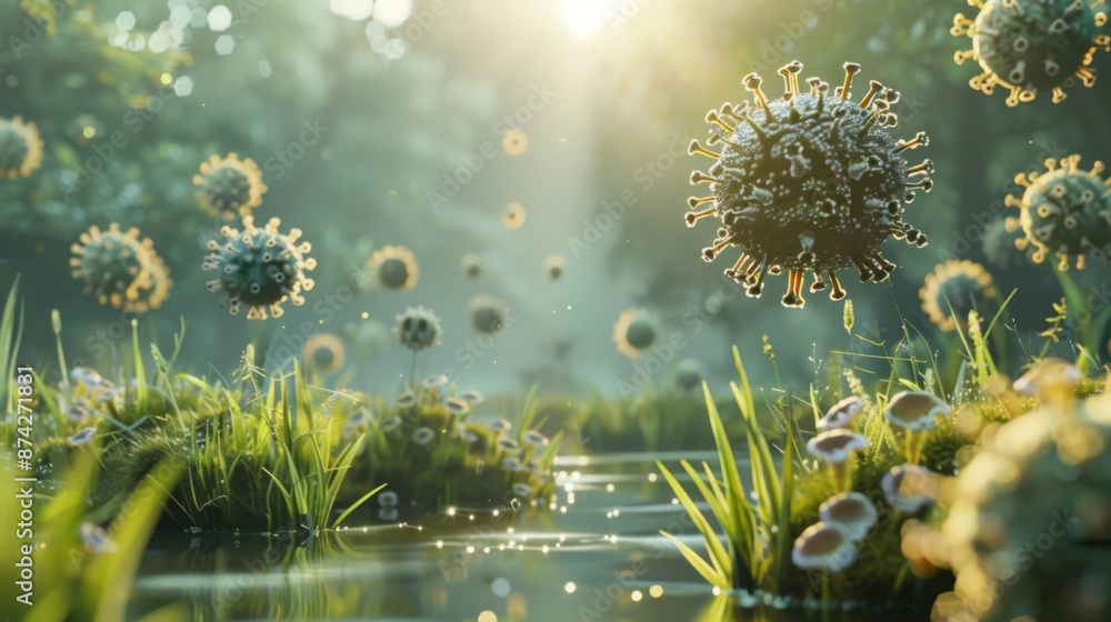 Poster a serene forest scene with a stream flowing through the middle. several viruses are seen floating in