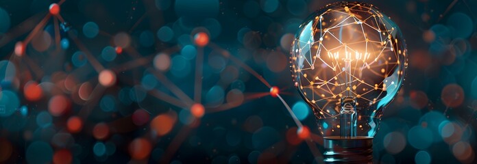 Light bulb connected to network of glowing connections on dark background, concept for innovation and creativity in business or technology with copy space area