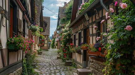 A quaint cobblestone alley lined with half-timbered houses from the medieval era, adorned with blooming flower boxes.