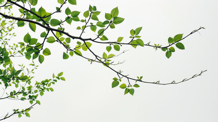 Discover the fresh beauty of spring branches with green leaves on a white background. Perfect for nature enthusiasts, this high-resolution image captures the vibrant foliage and delicate new life.