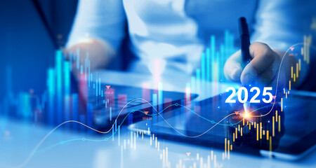 Businessman draws increase arrow graph corporate future growth year 2025. Planning,opportunity, challenge and business strategy. New Goals, Plans and Visions for Next Year 2025.