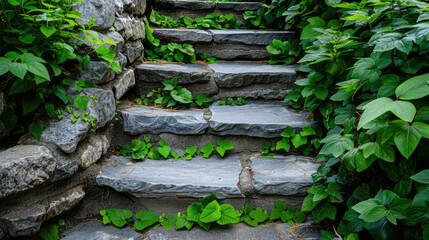 Stone Staircase with Vibrant Green Plants