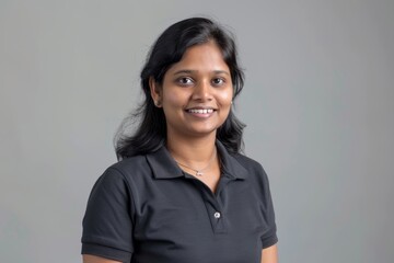 Fototapeta premium Portrait of a glad indian woman in her 30s donning a classy polo shirt in minimalist or empty room background