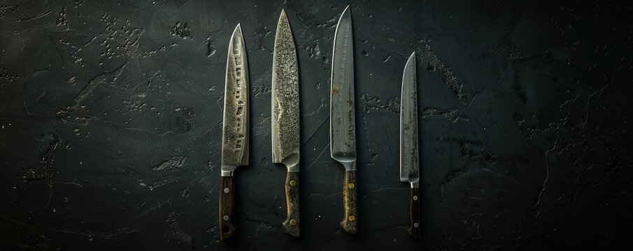Four iron knives are located on a textured black background