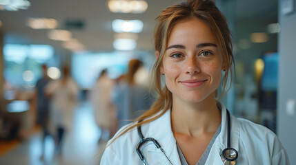 Fototapeta premium Nurse in scrubs attending to a patient in a hospital room, with medical equipment and healthcare staff present.