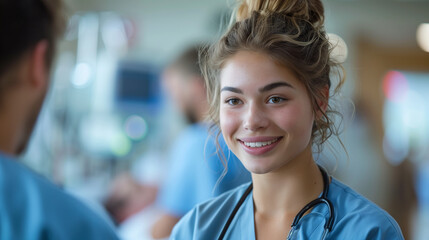 Nurse in scrubs supports patient in hospital room, surrounded by medical equipment and healthcare team, demonstrating dedication to patient well-being.






