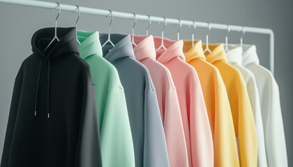 Obraz premium a row of hooded sweatshirts in various colors, multicolored hoodies , mock up design clothes 