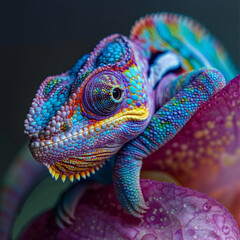 Fototapeta premium Chameleon on the flower. Beautiful extreme close-up