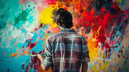 A person in a colorful studio, surrounded by brushes, paints, and inspiring artwork, deep in thought.