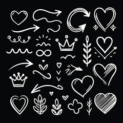 Hand-drawn Vector Chalk Sketch Elements. Arrows, Hearts, Crowns