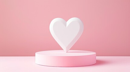 Minimalist white heart shape on pink podium, symbolizing love and romance in a soft pastel backdrop, ideal for valentine's day concept.