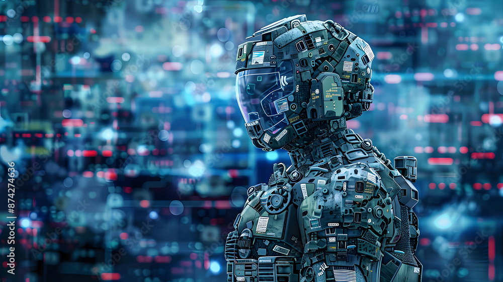 Poster security patch armor, computer security with an image showing a computer covered in armor-like patch