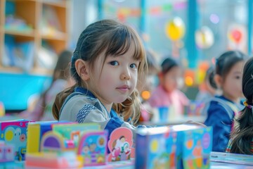 Fototapeta premium Young children playing educational games in a bright classroom, fun learning concept, selective focus, back to school theme, vibrant, fusion, classroom backdrop