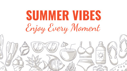 Summer minimalist horizontal banner, beach monochrome gray accessories icons. Bottom border frame, copy space, isolated on white. Summer vibes, enjoy every moment. For poster, flyer, card, invitation