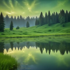 Lush green mountains with shimmering reflection on a serene lake