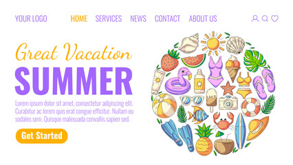 Summer beach holiday elements, round shape. Creative landing page vector template for website, web, online store, banner. Concept of summertime, season vacation, travel destination, tourism