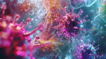 A colorful 3D illustration of coronavirus particles, showing the intricate structure of the virus.