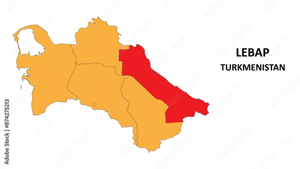 Wall mural Lebap Map is highlighted on the Turkmenistan map with detailed State and region outlines.