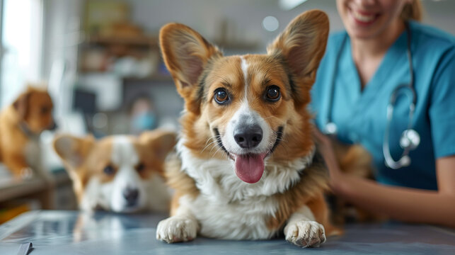 In a clinic, a dedicated vet examines a dog, highlighting the vet's expertise and compassion with medical equipment and other animals nearby.

