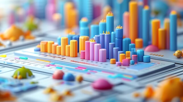A 3D isometric illustration of a marketing dashboard, with a focus on competitor analysis displayed through detailed graphs and charts of metrics and market share, intuitive layout,