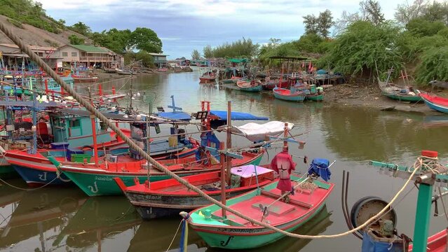 The small Fisherman Village, In Southern of Thailand. fishing boats stop on small river, Kao Takiab, Prachuap Khiri Khan, Thailand