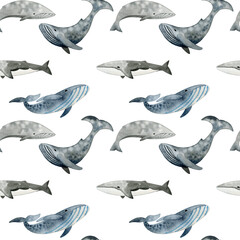 Seamless pattern with watercolor whales.