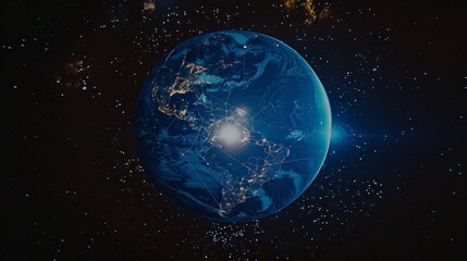 Naklejka premium full view of the whole round globe seen from space, from far away, bright light in the middle of the ocean as the focal point, network of lights spreading from the center light, epic composition, cine