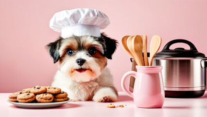 A cute dog wearing a chef's hat and apron, baking cookies