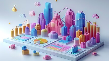 Obraz premium A 3D isometric illustration of a marketing dashboard with an emphasis on customer lifetime value, featuring graphs with detailed data on retention rates, modern and intuitive layout,